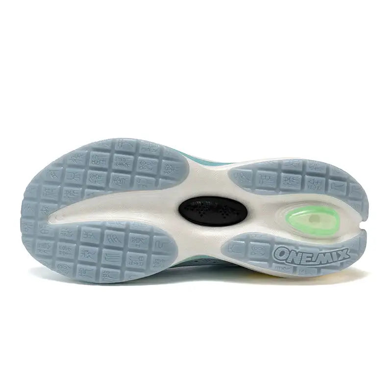 ONEMIX men's running shoes outsole in light gray with a black midfoot pod and neon-green air cushion