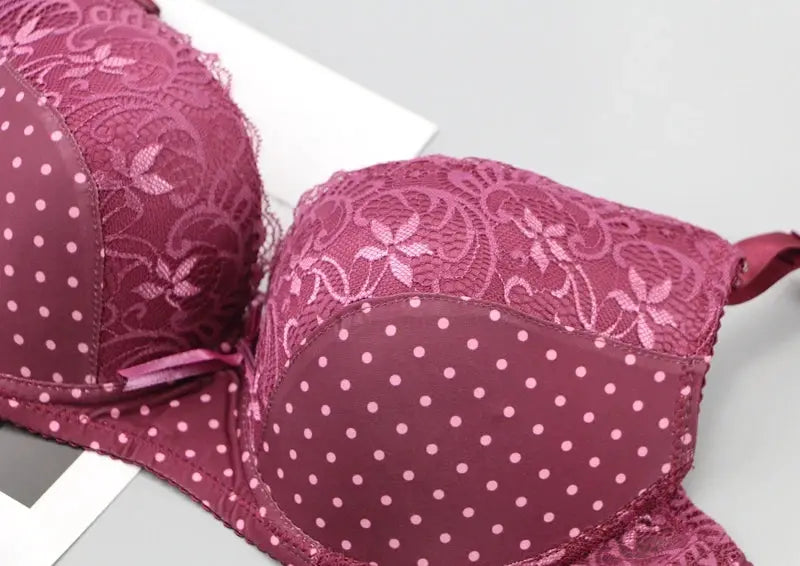 DaiNaFang lace bra by Simples Market, pink floral lace cups with polka-dot satin panel, women's push-up lingerie