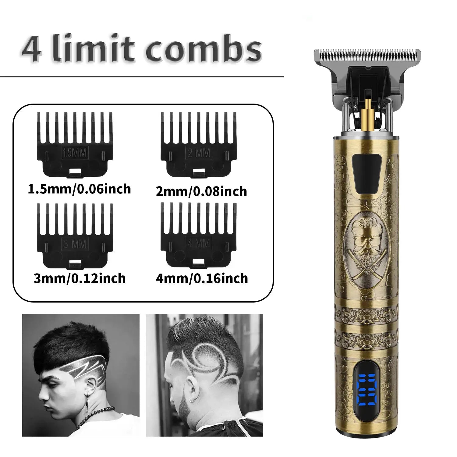 HIENA cordless hair clipper and trimmer in ornate gold with four guard combs (1.5–4mm) and digital display by Simples Market
