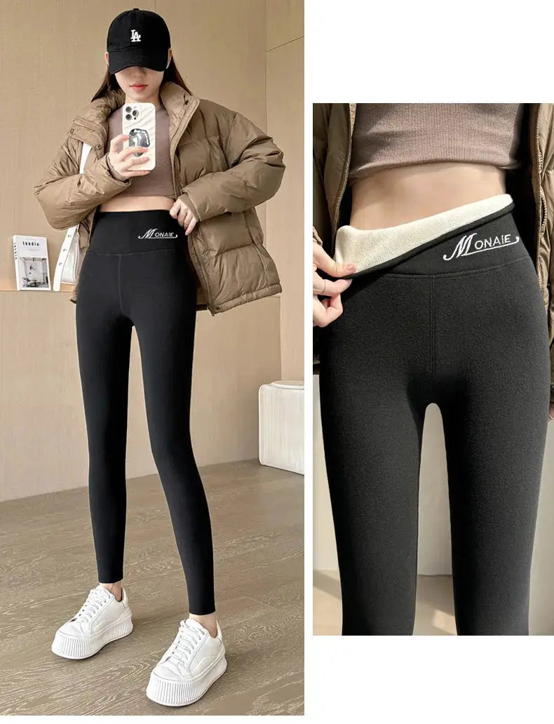 Winter cashmere-like women’s black high-waist leggings, fleece-lined and thick, with waistband logo