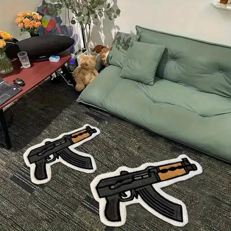 VIKAMA cartoon-style rifle design carpet, two black-and-brown gun-shaped rugs with white borders for home decor