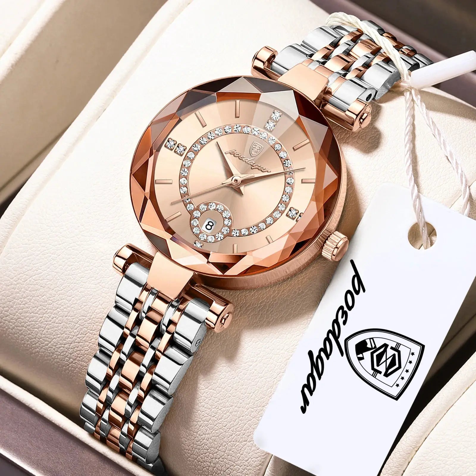 POEDAGAR women's rose-gold and silver two-tone wristwatch with crystal bezel and date display