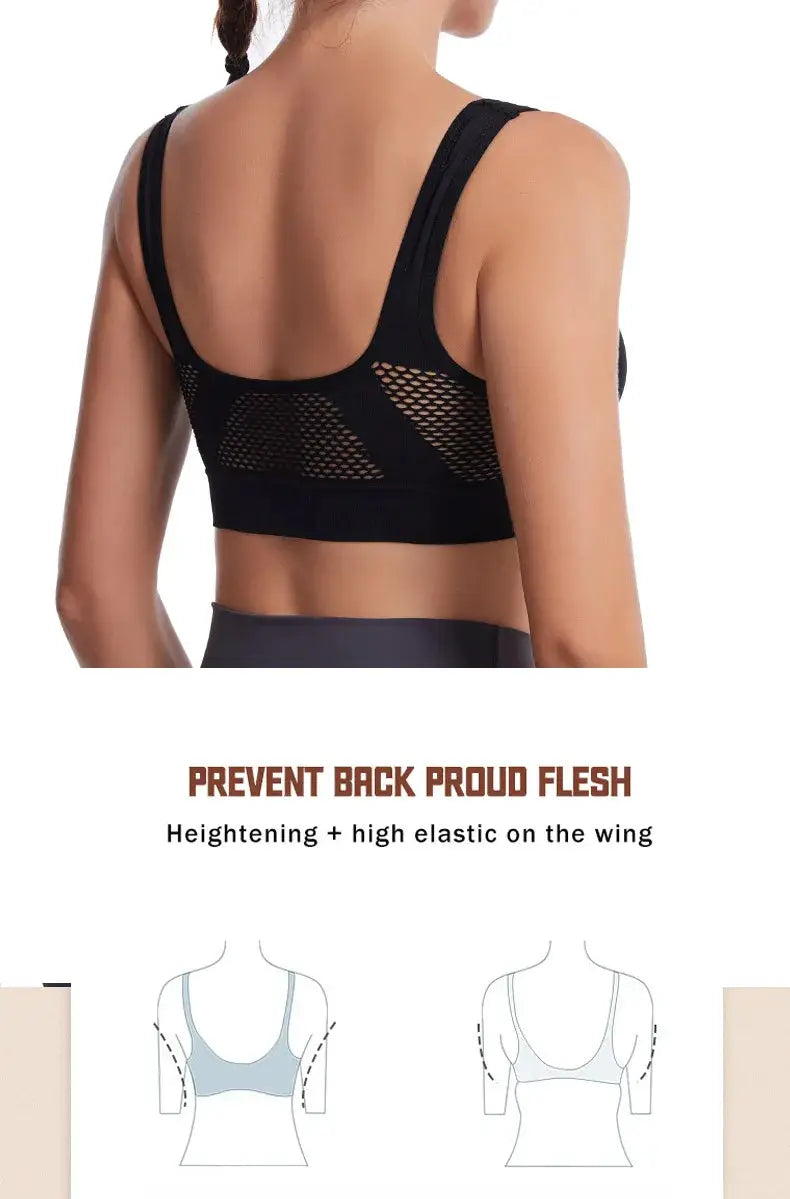 Plus-size grid air-holes sports bra, black mesh back, no underwire, for yoga and running