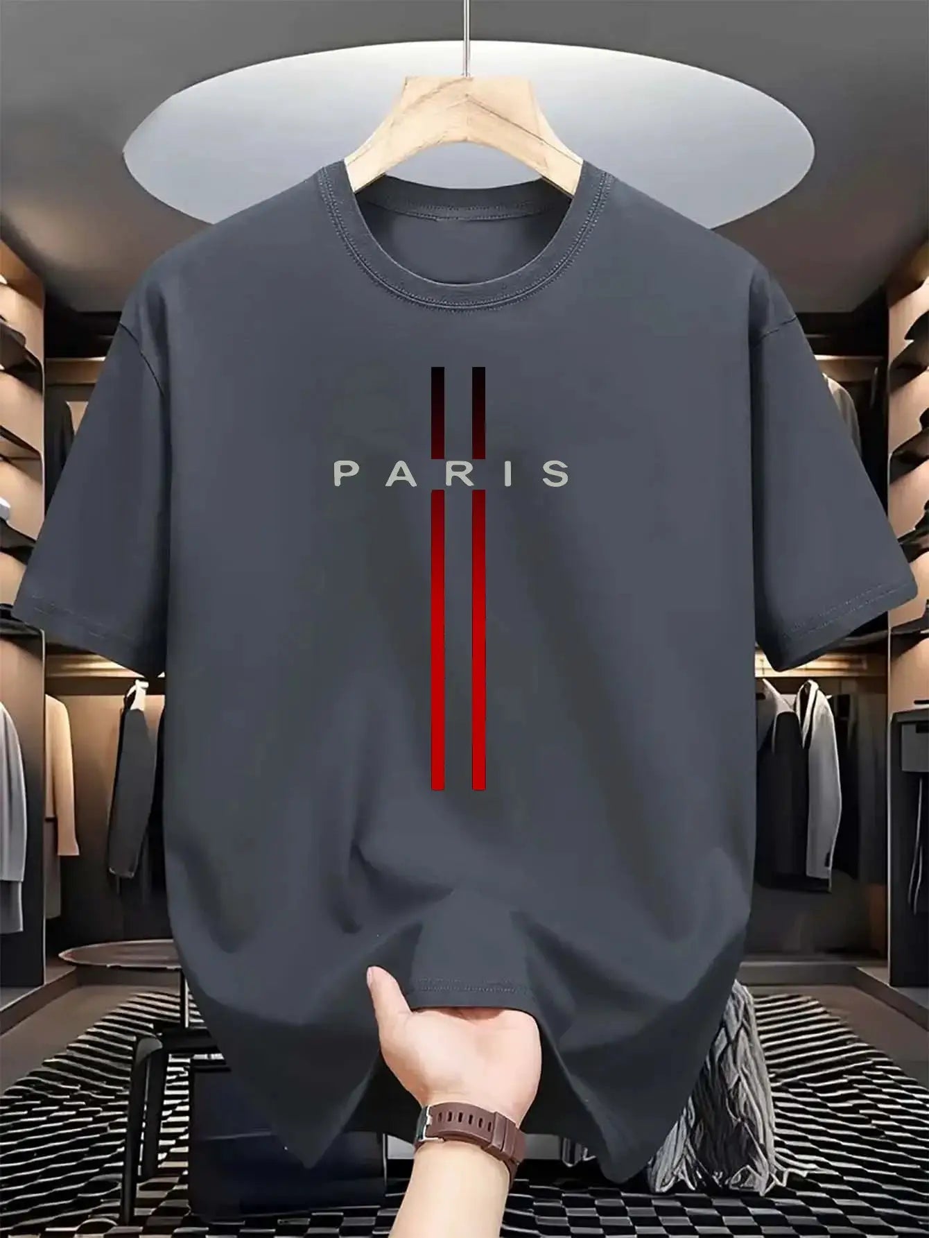 Men's 100 Percent Cotton Summer T Shirt Loose Fit Paris Letter Print Round Neck Short Sleeve Top
