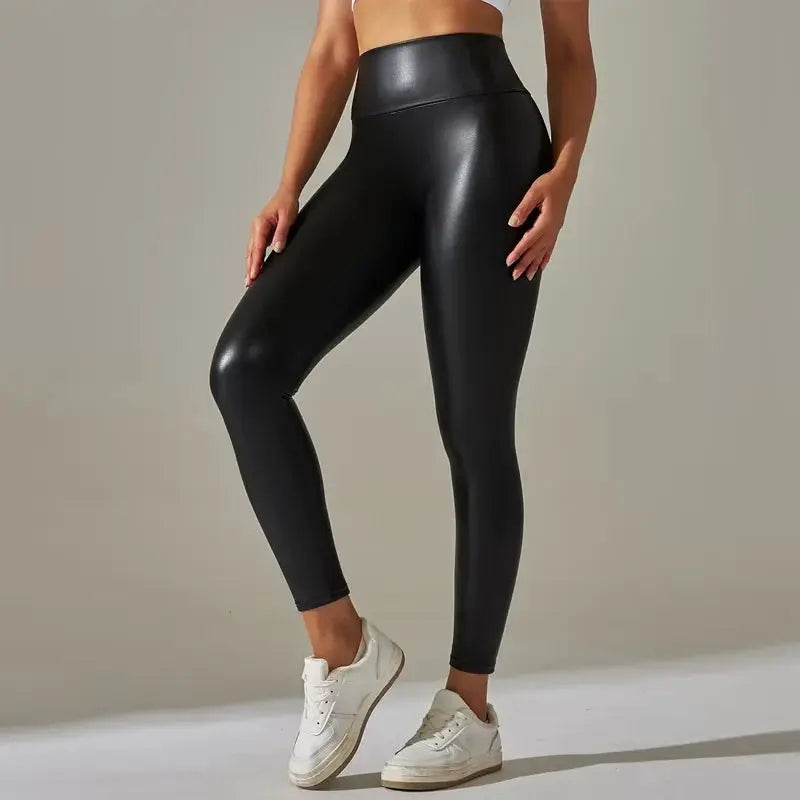High-Waist faux leather leggings in black; stretchy, full-length pants