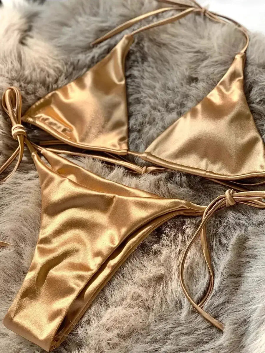 Halter bikini set in metallic champagne satin, two-piece high-cut swimsuit