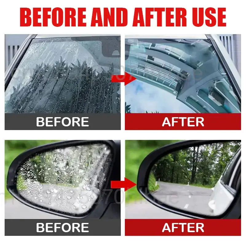 Car glass anti-rain spray nano coating; hydrophobic water-repellent for auto glass, shows windshield and side mirror.