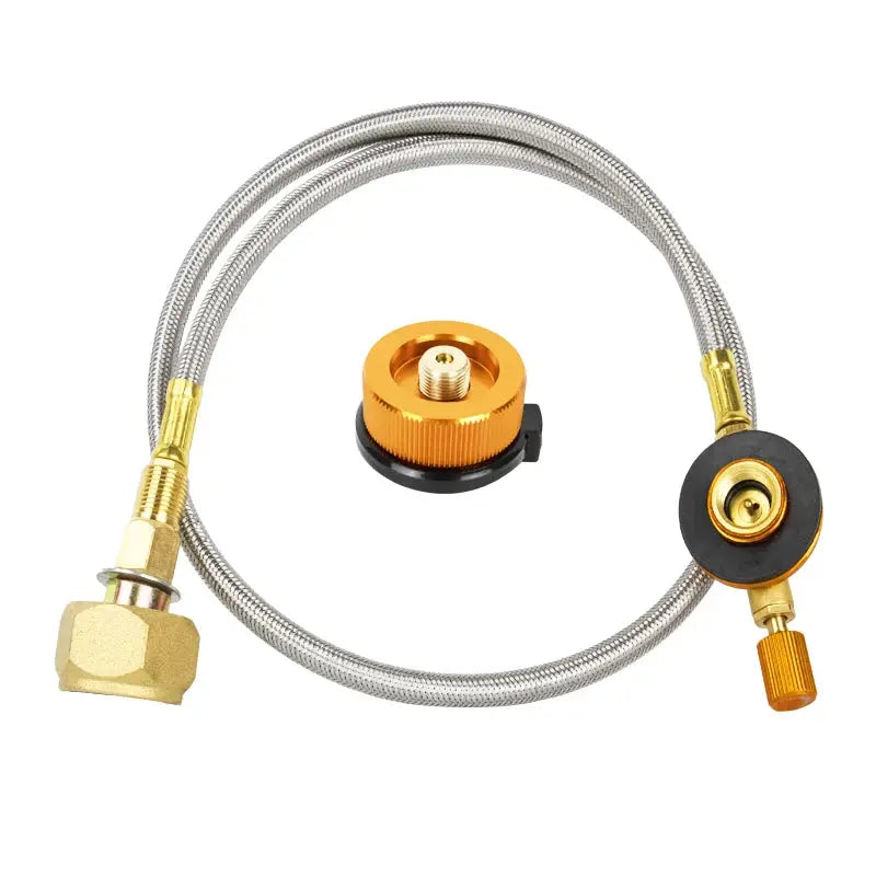 Camping gas refill adapter kit with braided stainless hose and brass fittings for outdoor stove cylinders