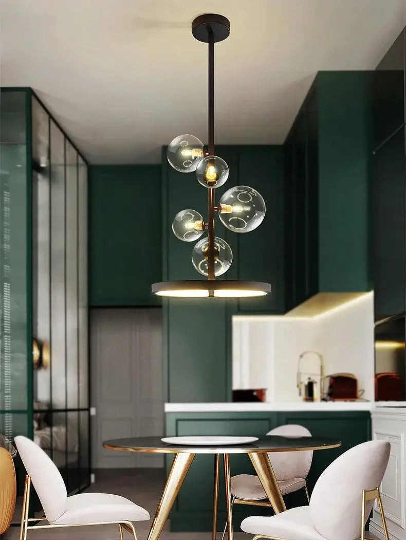 Modern Art Glass Chandelier by Simples Market, dark bronze finish with glass globe bulbs