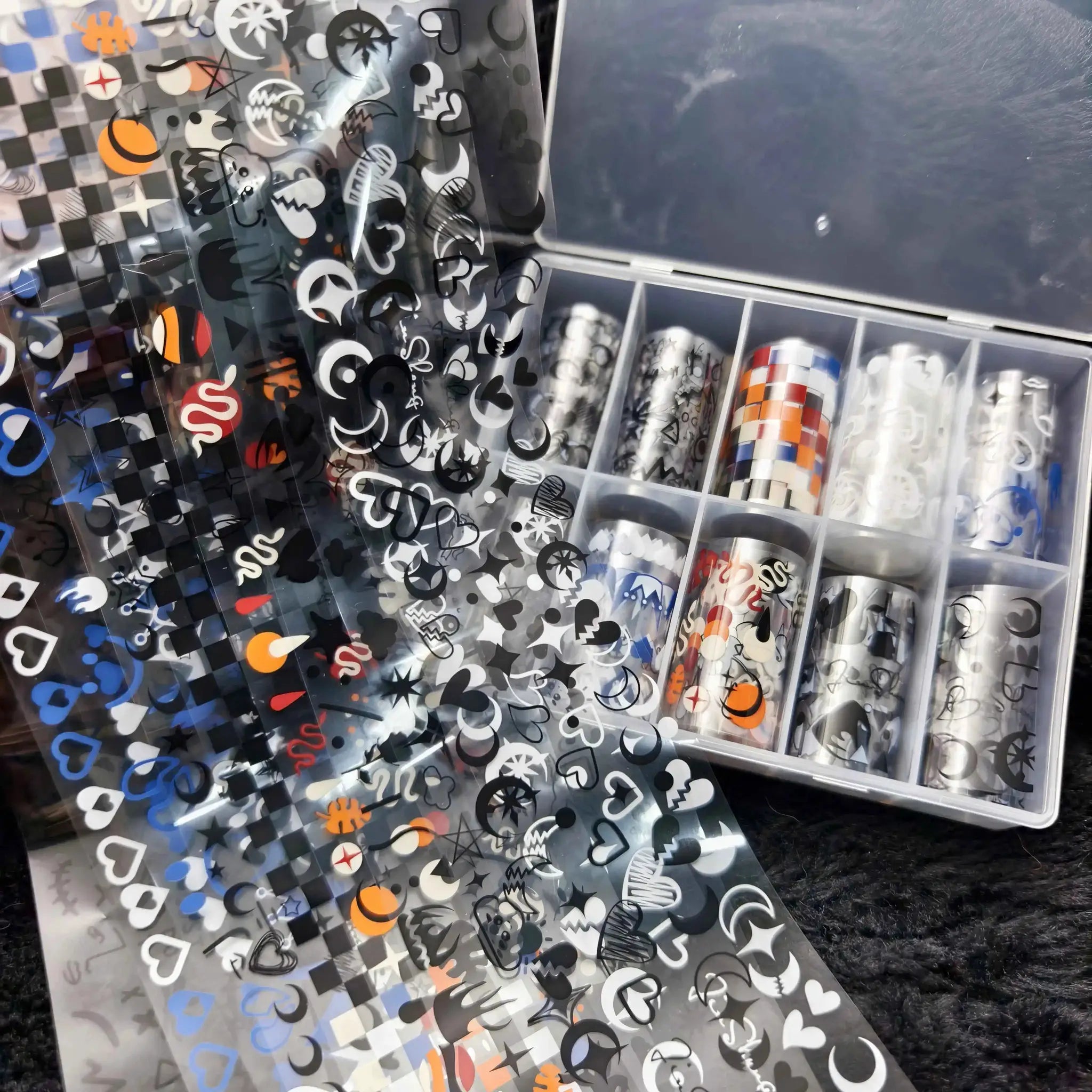 Simples Market Halloween nail foil set: 10 rolls of transfer sheets in black, orange, white with bows, moons and stars