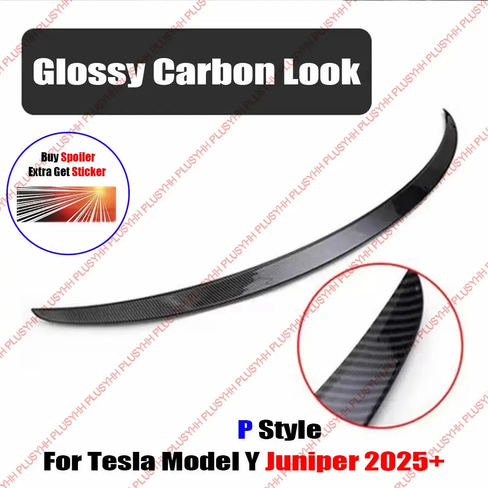 Model Y carbon fiber rear spoiler with glossy carbon look, P Style Juniper 2025+, Simples Market exterior car accessory