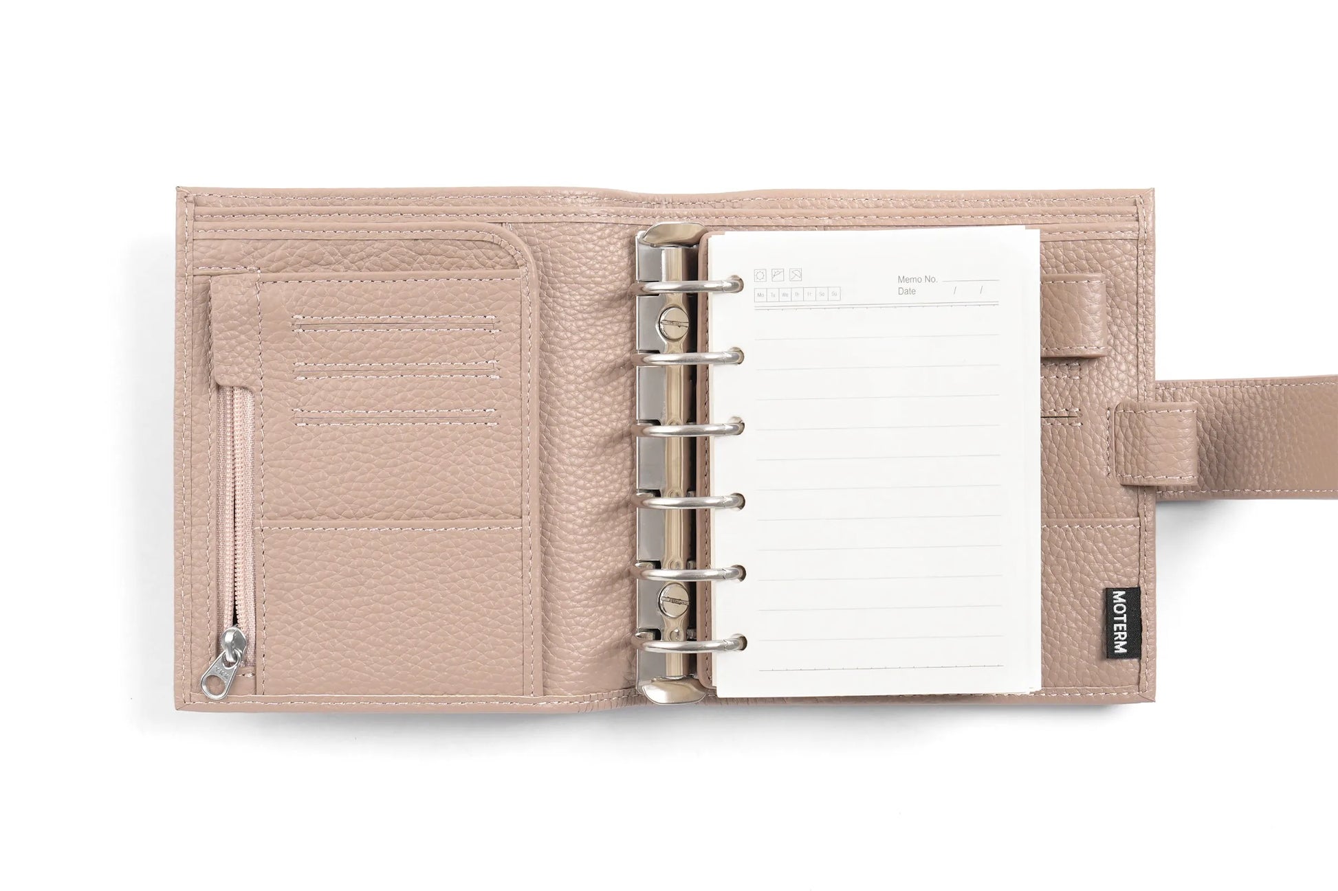 Moterm Luxe 2.0 pocket-size planner in pink pebble-grain leather with 30mm rings and A7 notebook MOTERM