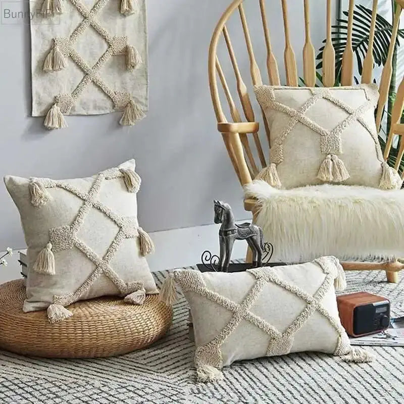 Boho linen cushion covers by Simples Market; beige with tassel lattice pattern, 45x45cm/30x50cm, set of 4.