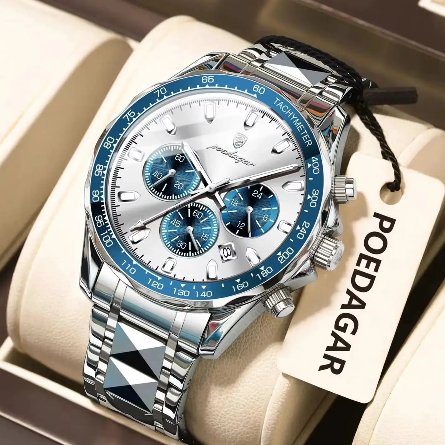 POEDAGAR men's stainless steel waterproof chronograph watch with blue bezel, luminous dial, and date display
