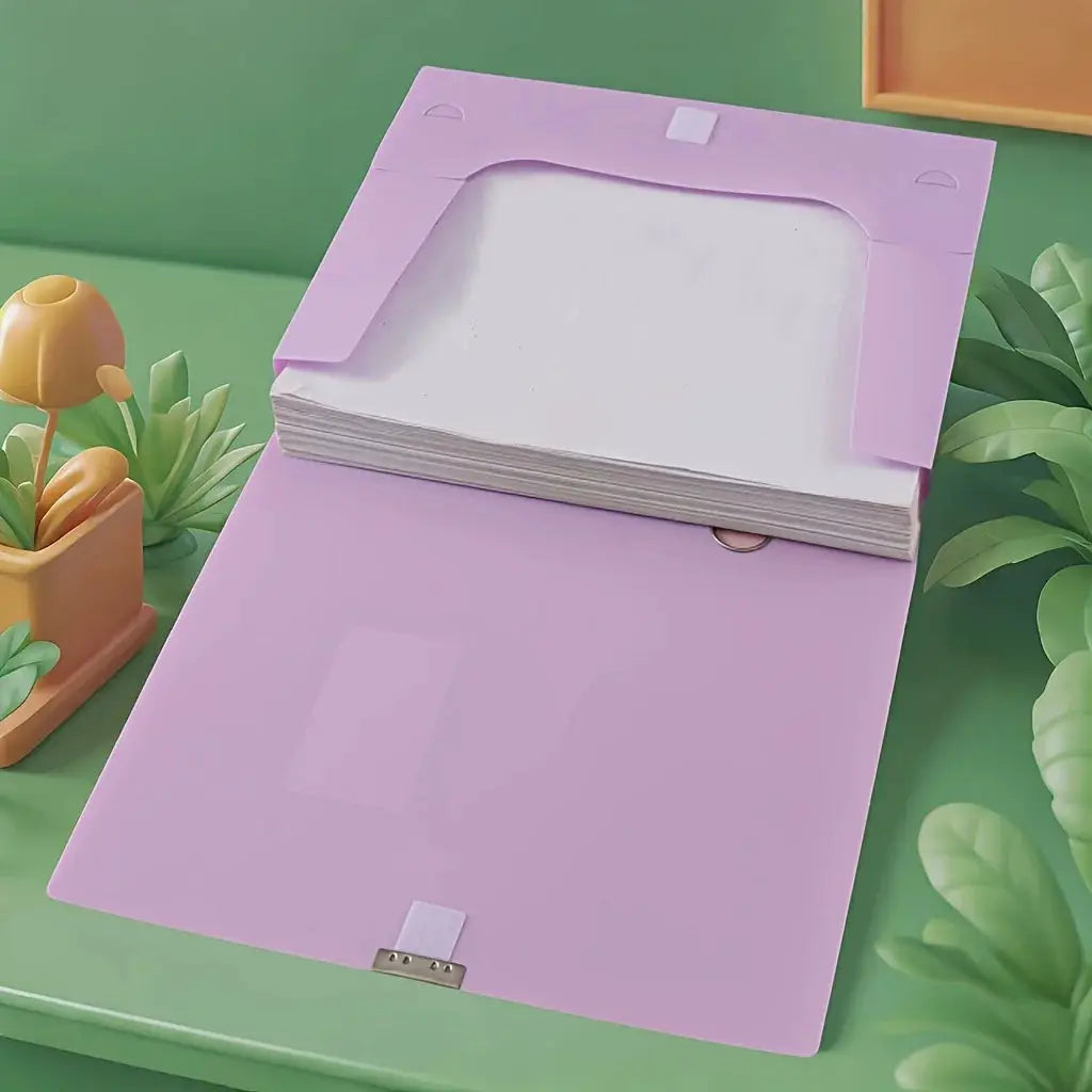Purple large-capacity foldable plastic file box for A4 files, office use.
