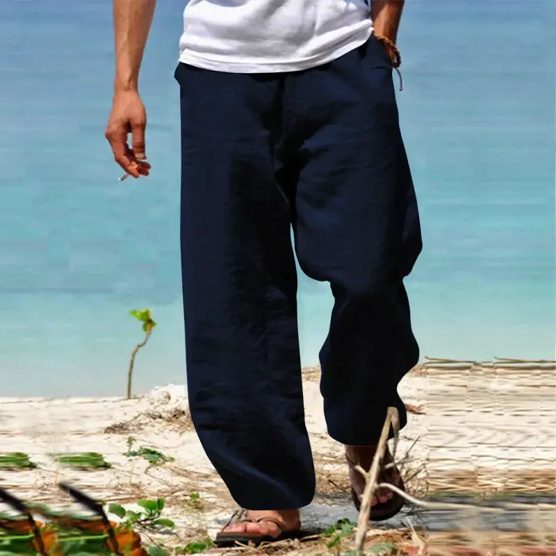 Men's navy cotton-linen pants with a loose fit and drawstring waistband