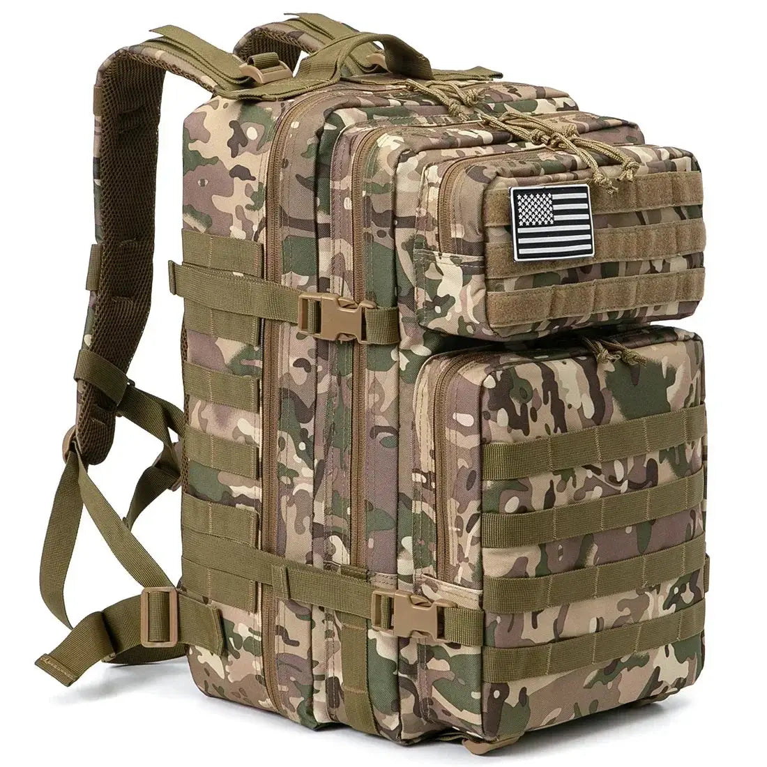 45L tactical backpack woodland camouflage with MOLLE webbing and US flag patch