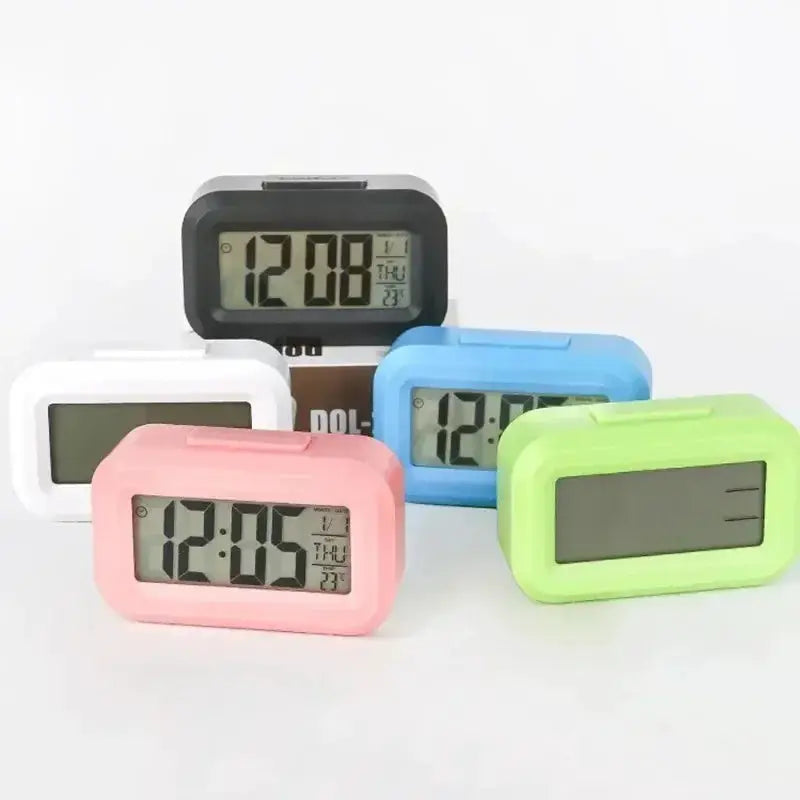 Simples Market LED digital alarm clocks set; five colorful desktop clocks (white, pink, blue, black, lime) with backlight.