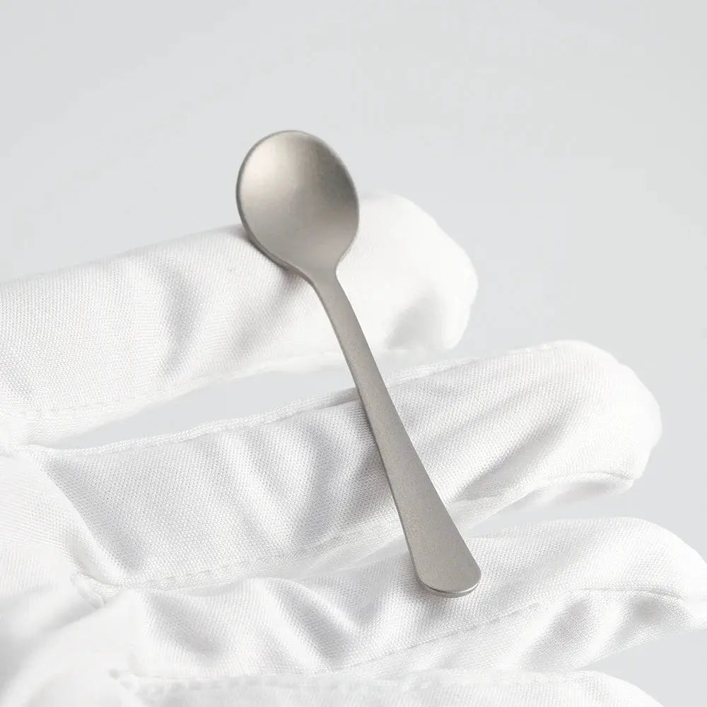 Mini titanium alloy dessert spoon by Simples Market; compact camping coffee mixing spoon, matte silver