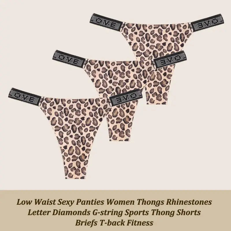 3-pcs leopard-print thongs with rhinestone waistband, Simples Market low-rise G-string set (XS-XL)
