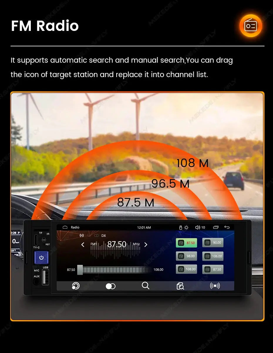 1DIN 6.86-inch MP5 car radio with touchscreen, wireless CarPlay/Android Auto, AUX/USB, black head unit