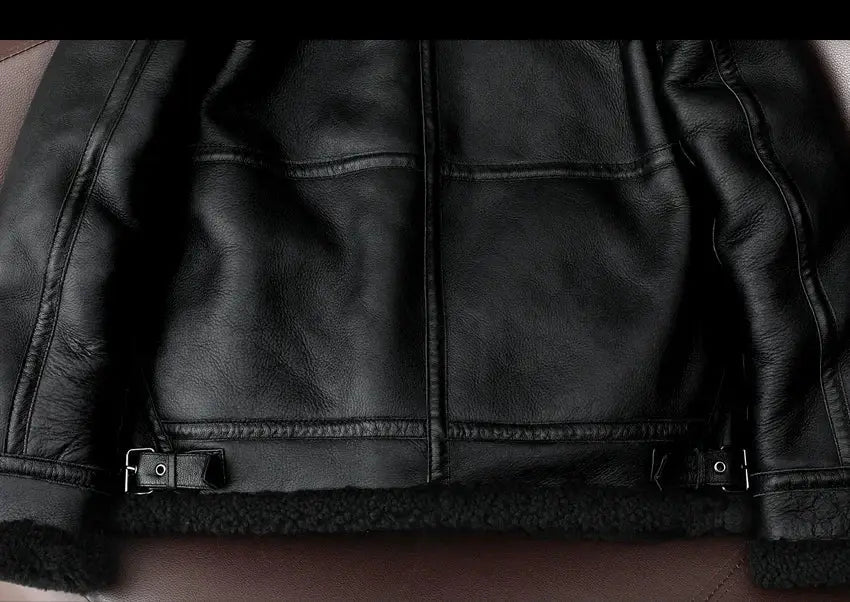 Simples Market black leather fur jacket with shearling lining for men