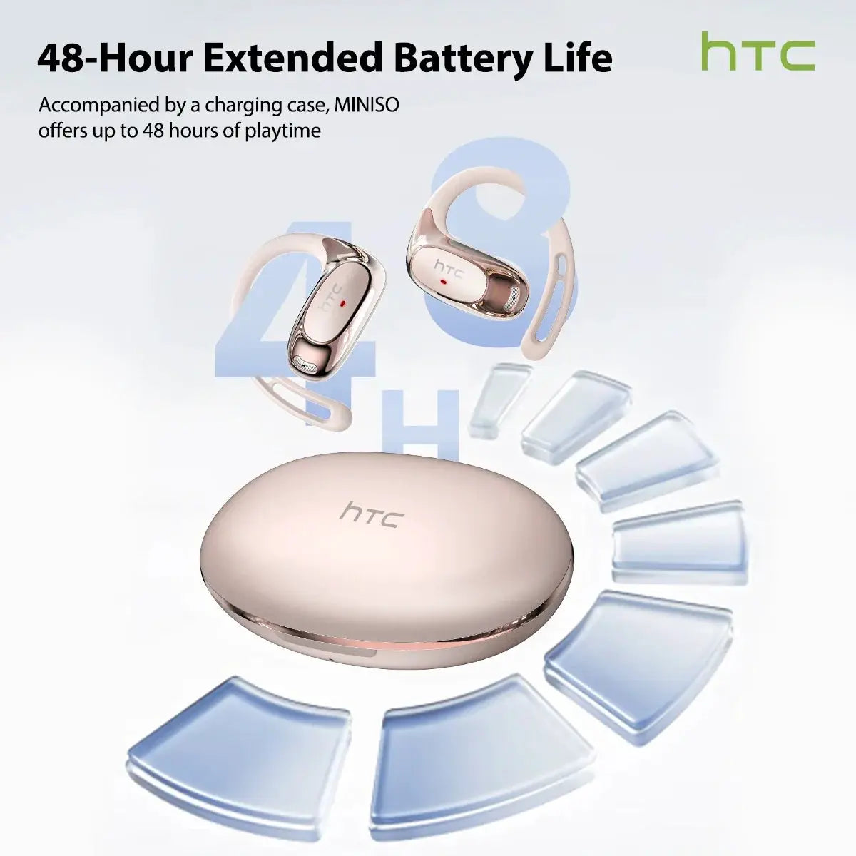 HTC NE35 wireless Bluetooth earphones with rose-gold charging case