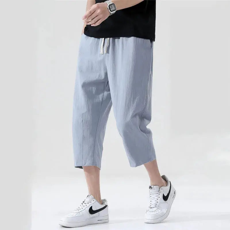 Men's light blue lightweight linen-cotton shorts with drawstring waist, mid-calf length, Simples Market