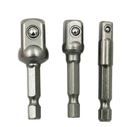 Three Piece Drill Socket Adapter Set Hex Shank To Square Drive For Impact Drills 1/4 3/8 1/2 Inch