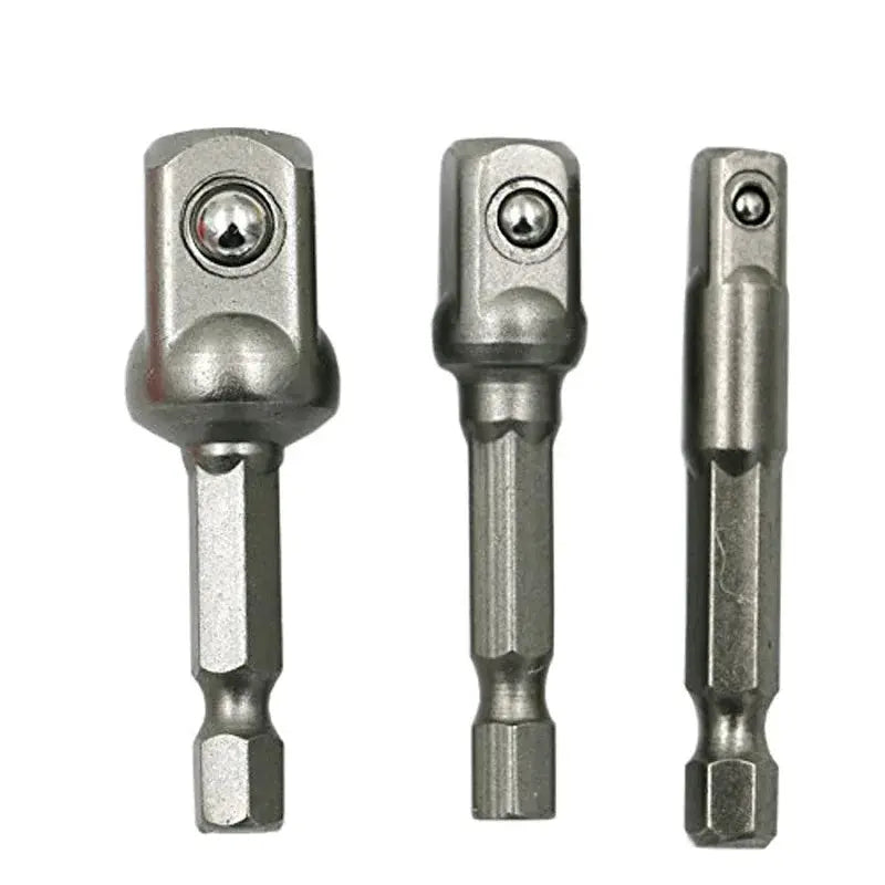 Three Piece Drill Socket Adapter Set Hex Shank To Square Drive For Impact Drills 1/4 3/8 1/2 Inch