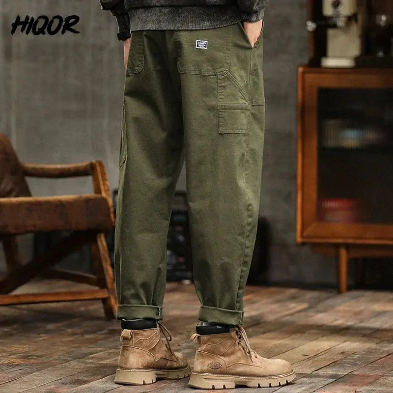 HIQOR men's cargo pants in army green with cargo pockets and rolled cuffs