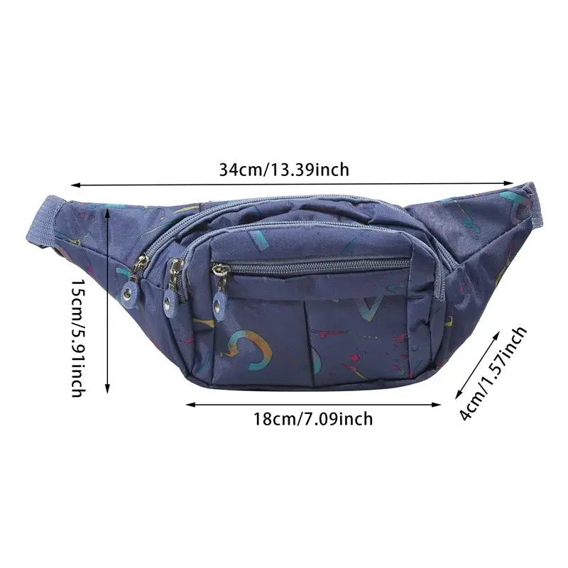Women's waist bag, blue Oxford cloth waterproof with multiple zip pockets and adjustable strap
