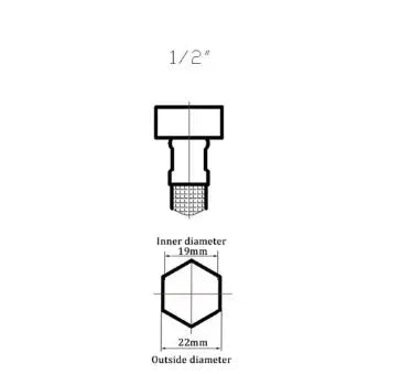 Stainless steel faucet connector diagram with 1/2 inch thread and 19mm inner, 22mm outer diameters.