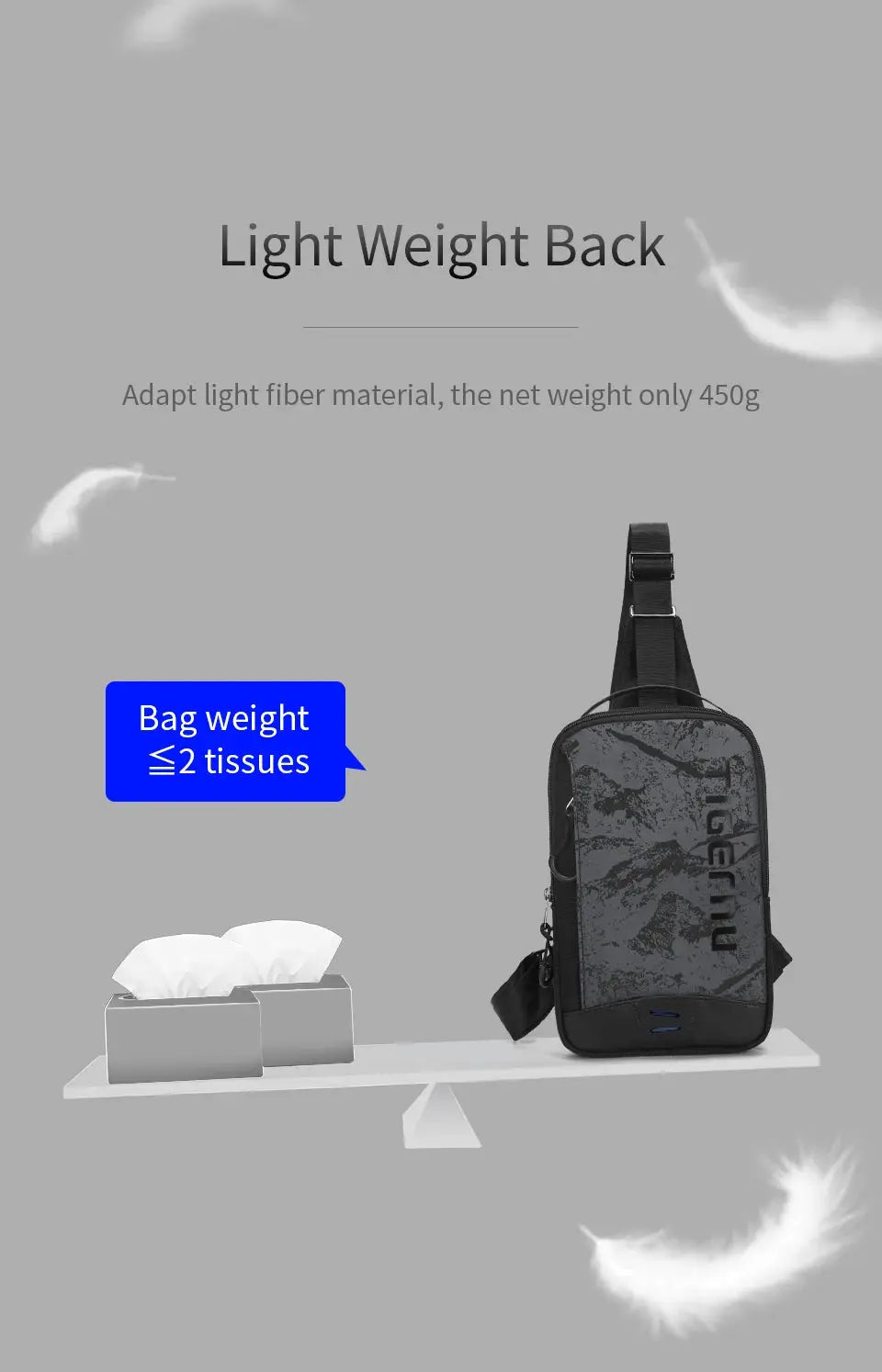 Tigernu chest bag for men, black with gray camo panel, crossbody bag with adjustable strap