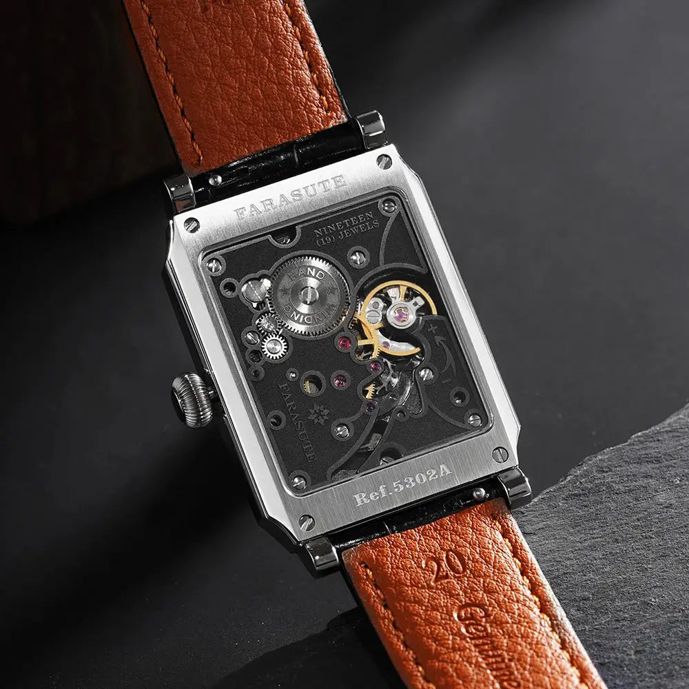 FARASUTE square mechanical wristwatch for men with brown leather strap and transparent case back showing gears