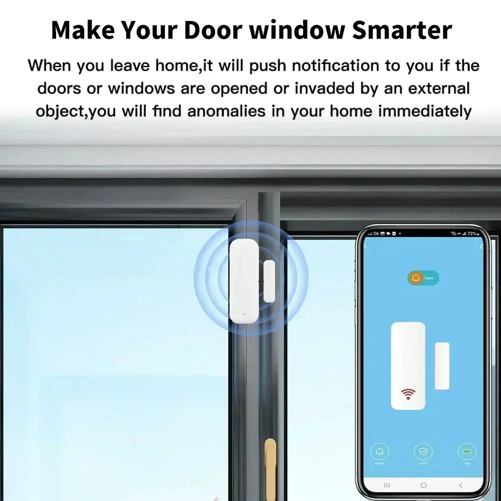 Tuya WiFi Zigbee door/window contact sensor, white, shown with smartphone app control
