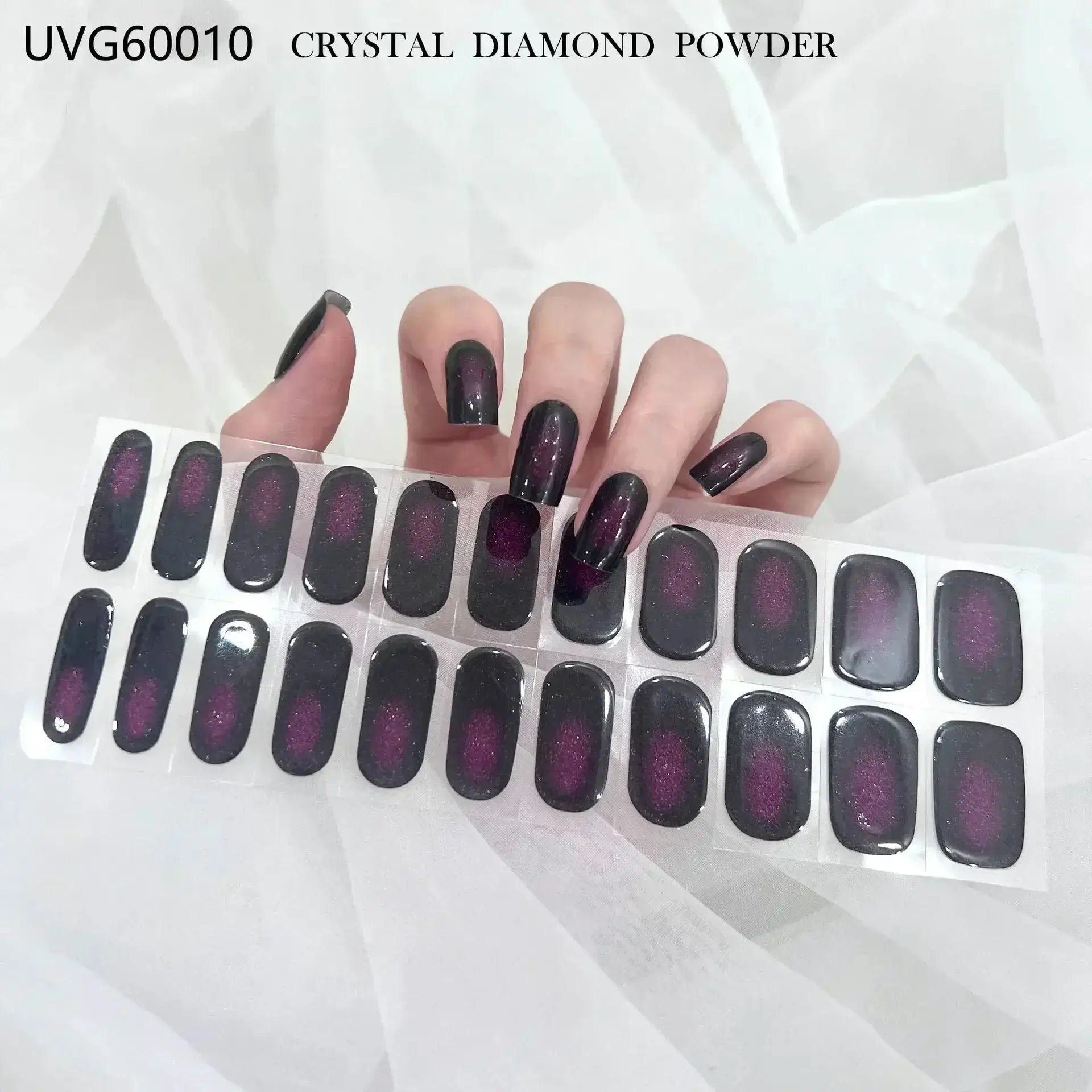 Gel nail wrap set; full-cover, dark purple glitter sheets for DIY manicure, UV lamp compatible
