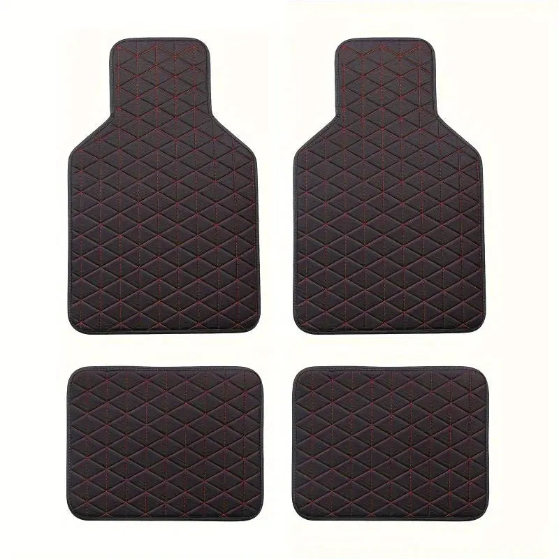 Simples Market 4-piece car floor mats; black PU leather with red stitching, includes 2 front and 2 rear mats