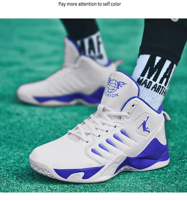 Men's white and purple sneakers with blue accents on green turf