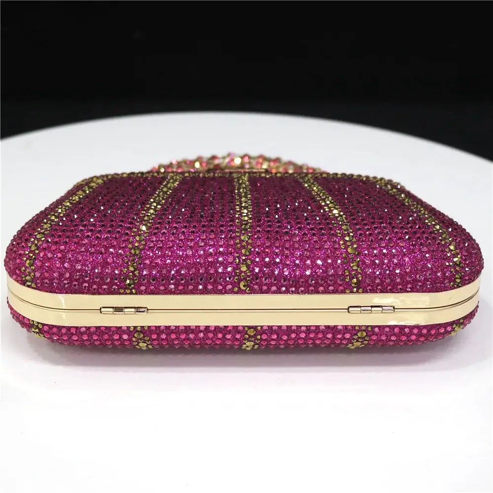 Purple rhinestone evening clutch bag with gold-tone frame and long chain