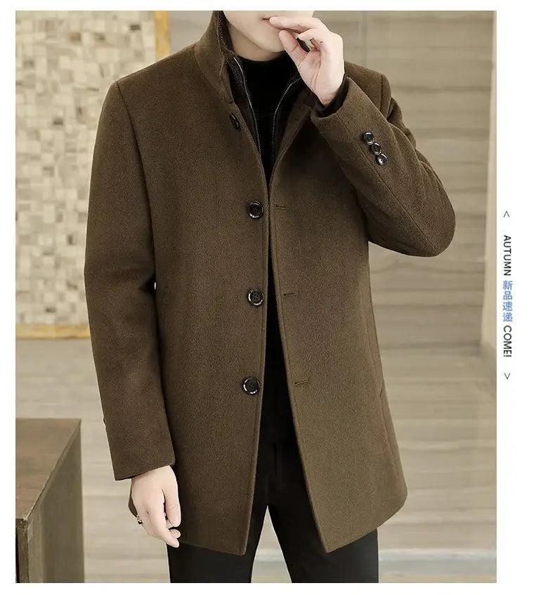Men's long brown wool coat with button-front, classic trench silhouette.