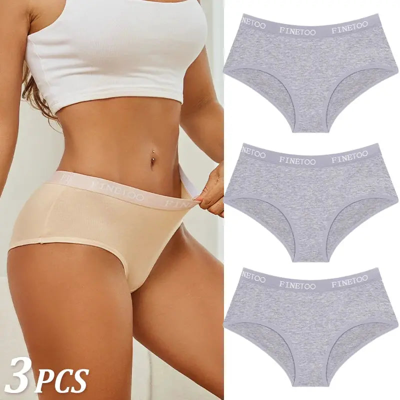Women's cotton briefs 3-pack by Simples Market; beige worn by model and three gray FINETOO briefs