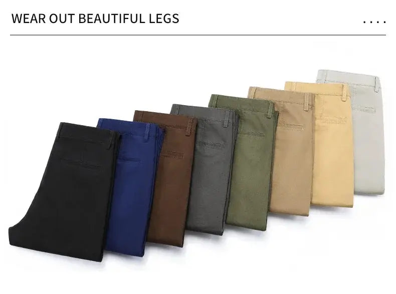 Men's casual pants set by Simples Market, 97% cotton, elastic slim-straight, set of 9 in assorted colors.