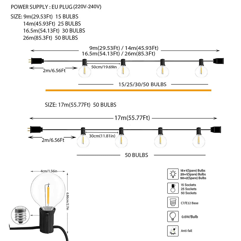 Dual Voltage 110V 220V Outdoor LED G40 Festoon Fairy String Lights For Patio Garden Wedding Street Party Decoration