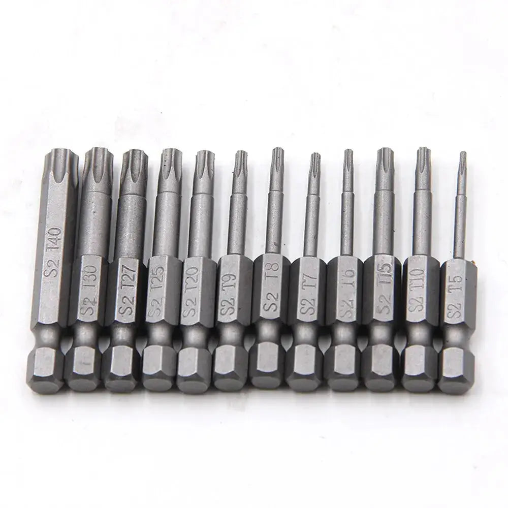 12pc Hollow Plum Blossom Screwdriver Bits 50mm Long S2 Steel Hex Shank for Woodworking Drill Set