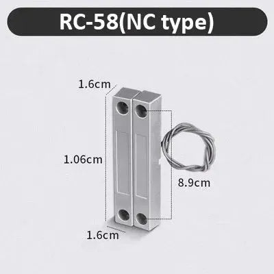 RC-58 NC type door sensor by Simples Market, two silver metal blocks with wired magnetic reed switch for security alarm.