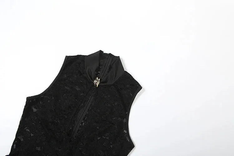 Black lace sleeveless jumpsuit with satin stand-up collar and front zipper with a metal knot pull.