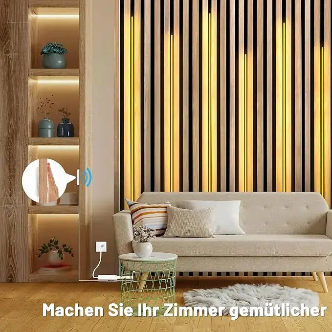 LED COB decorative light strip by Simples Market; touch-dimmable wall lamp with warm yellow LEDs on a wooden slat backdrop.