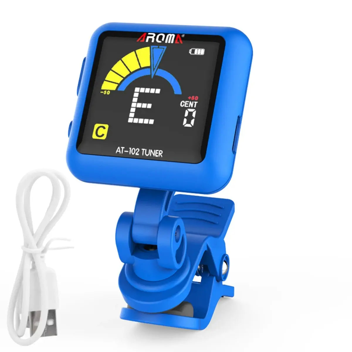 AROMA AT102 Rechargeable Tuner Clip On For Guitar Bass Ukulele Violin Large 360 Degree LCD Display And Built In Battery