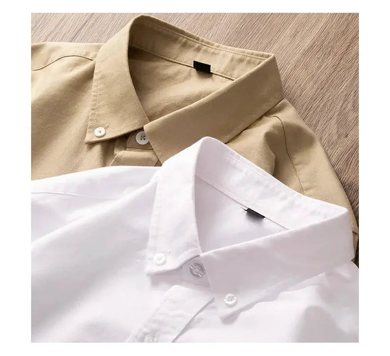 Two Simples Market men's cotton long-sleeve shirts, white and khaki, classic fit, button collars included.